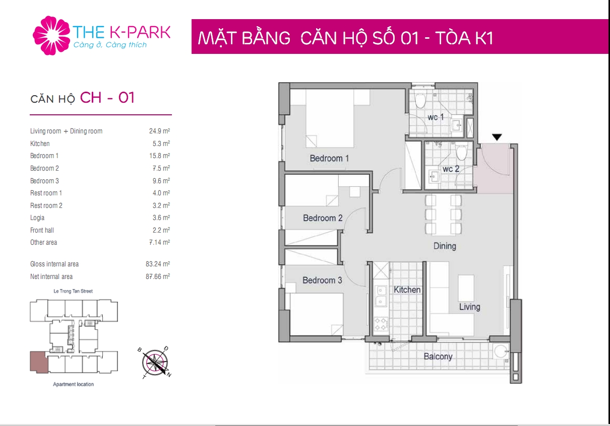 Mặt bằng căn hộ 01 toà K1, K2, K3 The K Park Văn Phú